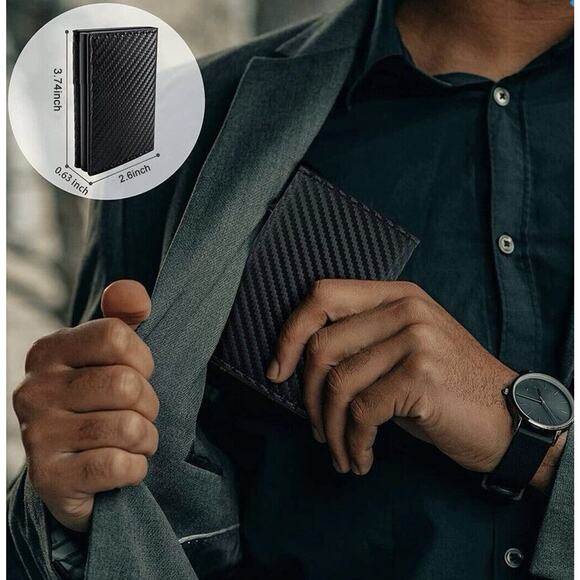 Wallet Leather RFID Blocking Slim Pop Up Card Case Minimalist New In Box Black - Picture 8 of 11